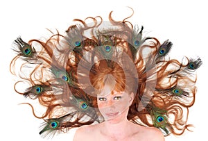 Red Head Woman With Peacock Feathers in Her Hair