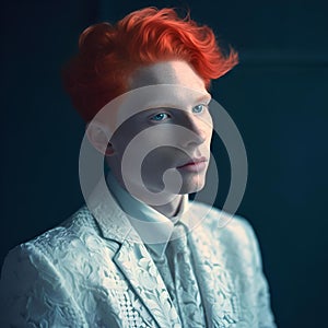 red - headed boy in white jacket with blue eyes wearing a white bow tie and