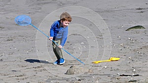 Red headed playing with a fishing net on sandy beach in Ireland