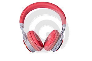 Red headphone and cable isolated on background..Headphones.Red headphone.Technology