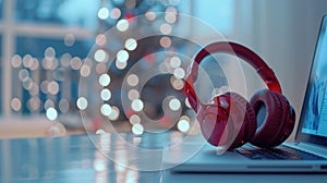 The red headphones on laptop.AI generated image
