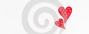 Red Hears, Two white dotted red hearts isolated on white background, romantic holiday, photo