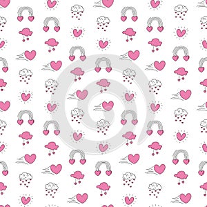 Seamless White Background Pattern with Pink Hand-Drawn Romantic Elements