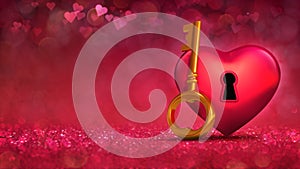 Red heart with access key concept on glamour bright bokeh background.