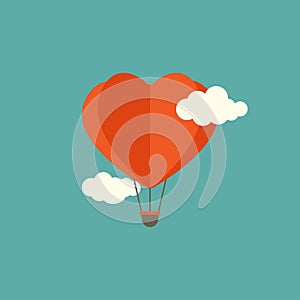 Red heart air balloon flying in the blue sky with clouds. Flat cartoon horizontal background