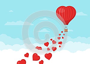 Red heart air balloons flying in the blue sky with clouds. Saint Valentine`s day greeting card. Hot air balloon shape of