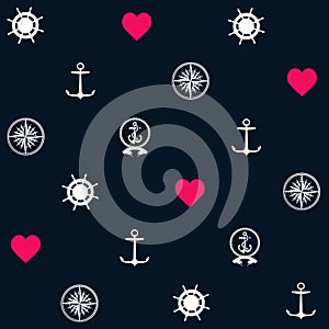 red heart, anchor, ship wheel and marine compass on dark blue ground seamless pattern background