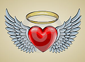 Red heart with angel wings and halo