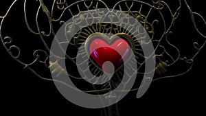 Red heart around the decoration in the form of gold on a black background. The heart as a symbol of affection and love