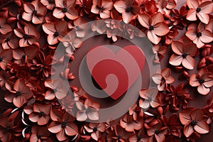 Red heart around red flowers, top view.Valentine's Day banner with space for your own content