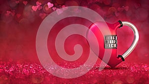 Red heart as padlock concept on glamour bright bokeh background.