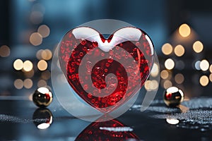 Red heart on the background of bokeh effec. Generative AI