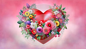 Red heart ballon and flowers in a pink background