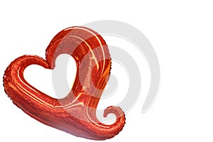 Red heart balloon with curly tail isolated on white background with room for copy