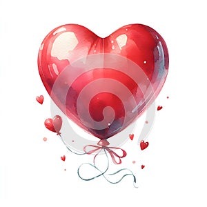 Red heart balloon love symbol watercolor paint for valentine\'s day holiday card decor