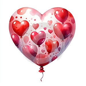 Red heart balloon love symbol watercolor paint for valentine\'s day holiday card decor