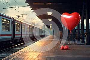A red heart balloon sits on the ground beside a train, creating a captivating contrast between love and locomotion, An empty train