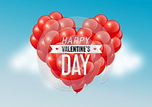 Red heart balloons in blue sky with Happy Valentines Day text, vector illustration