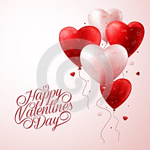 Red Heart Balloons Flying with Love Pattern and Happy Valentines Day Text