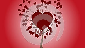 The red heart beats by the tree and more hearts move in the background.
