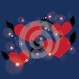 Red heart with black angel wing on blue background