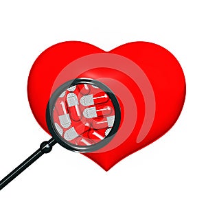 Red heart with black magniglass
