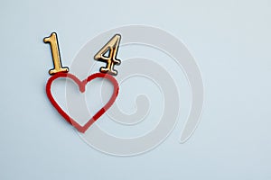 Red heart on blue background with number 14. Valentine`s day, anniversary, mother`s day, marriage concept, invitation e-card