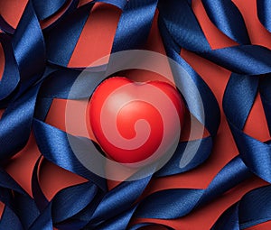 Red heart and blue silk curled ribbon on red background, valentine`s day