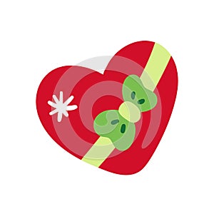 red heart with bow, ribbon and snowflake.