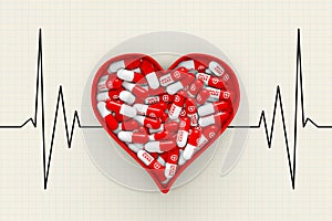 Red Heart Box with Pills on a Cardiogram Background. 3d Rendering