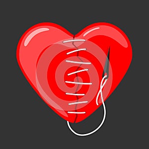 Red heart broken sewn with needle and thread vector design