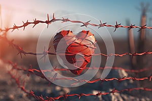 Red heart captive in barbed wire. Generate ai