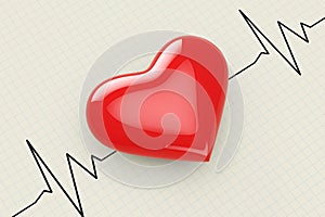 Red Heart on a Cardiogram Background. 3d Rendering