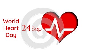 A red heart with a cardiogram on it, on a white background. Text. Concept of world heart day, September 24