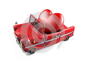 Red heart in cartoon sport car, Valentines Day Theme Concept, 3d rendering