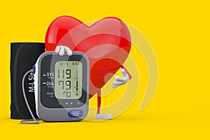 Red Heart Character Mascot and Digital Blood Pressure Monitor with Cuff. 3d Rendering