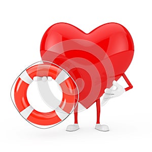 Red Heart Character Mascot with Life Buoy. 3d Rendering