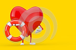 Red Heart Character Mascot with Life Buoy. 3d Rendering