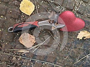 The red heart is clamped with an adjustable wrench.  Installation The heart and the wrench lie on a rusty checkered iron sheet.