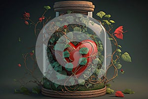 Red Heart closed in a glass jar. Wrapped in ivy that tries to suffocate love. Love background illustration.