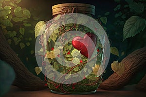 Red Heart closed in a glass jar. Wrapped in ivy that tries to suffocate love. Love background illustration.