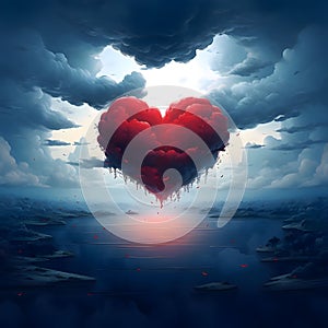 Red heart with clouds against the background of the sky around the Valley river vegetation at night. Heart as a symb