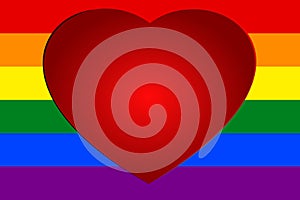 Red heart on colorful rainbow striped background, the symbolic colors of LGBT or GLBT pride flag