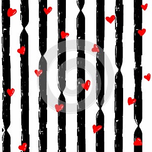 Red heart confetti seamless pattern on striped background. Red, white, black color