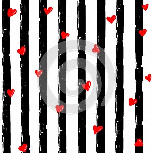 Red heart confetti seamless pattern on striped background. Red, white, black color