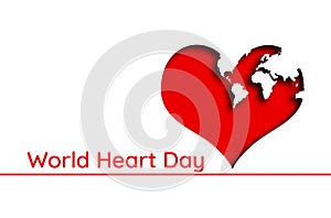 A red heart with continents depicted on it, on a white background. Text. Concept of world heart day