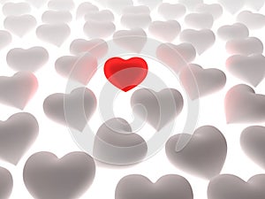 Red heart in a crowd of white hearts