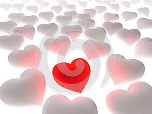 Red heart in a crowd of white hearts