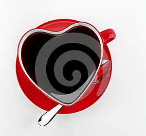 Red heart cup of tea on a white background with clipping path. Top view. Render 3d illustration