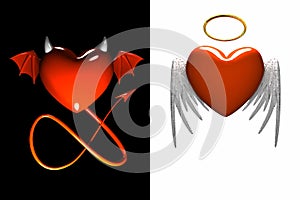 Red heart-devil and red heart-angel with wings isolated